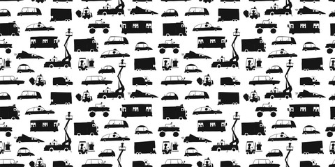 Baby toy cars collection, black silhouettes. Seamless pattern for fabric design