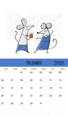 Funny mouses and travel, symbol of 2020 year. Calendar design
