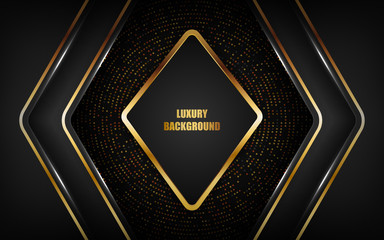 Abstract luxury black background overlap layer on dark space with golden lines combinations for use element cover, banner, brochure, and flyer. Texture with golden glitters dots element decoration.