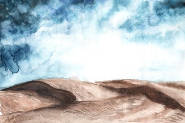Watercolor illustration of desert landscape. Hand drawn background, wallpaper, backdrop, template for design deserts sky