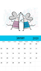 Funny mouses and travel, symbol of 2020 year. Calendar design