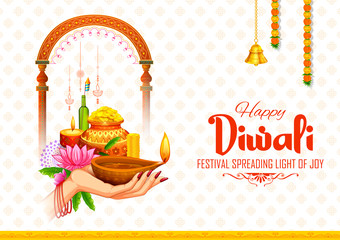 illustration of burning diya on happy Diwali Holiday background for light festival of India