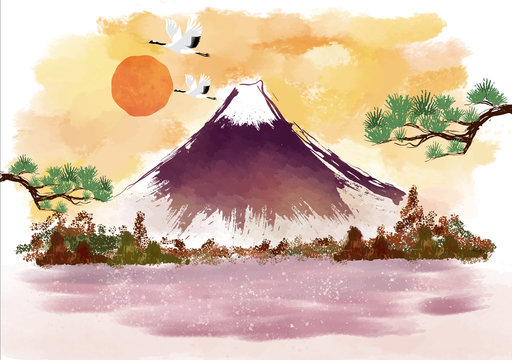 年賀状 富士山 富士 松 墨絵 水墨 風景 年賀状 和風 和柄 和 手描き 山 初日の出 太陽 Stock Vector Adobe Stock