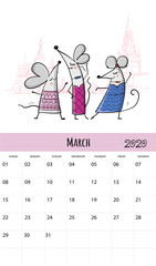 Funny mouses and travel, symbol of 2020 year. Calendar design