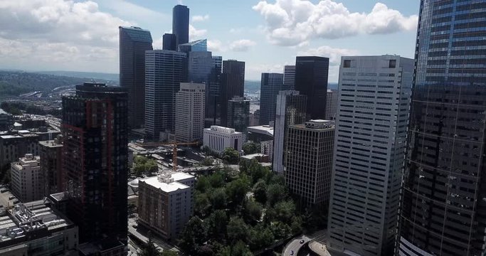 Seattle Washington City Ariel Drone Shot Skyscrapers Daytime