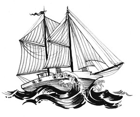 Sailing boat in the sea. Ink black and white illustration