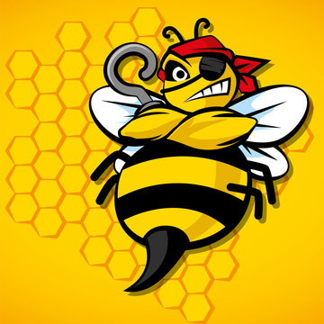 Angry pirate bee for sport team logo. Cartoon bee vector illustration. Yellow background. Honey comb pattern.