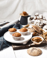 banana cup cake on wooden background. .