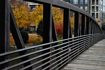 Autumn foliage and landscaping visible from pedestrian bridge