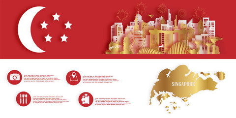 Naklejka premium Panorama postcard of world famous landmarks of Singapore vector illustration