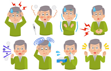 シニア　男性　体調不良　セット　イラスト