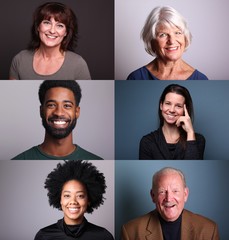 Group of 6 different people in front of a colored background
