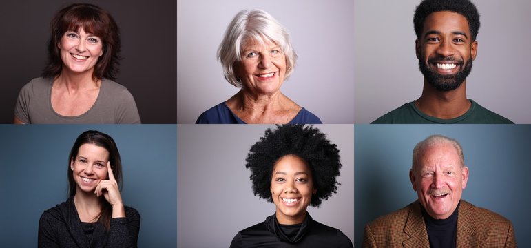 Group of 6 different people in front of a colored background