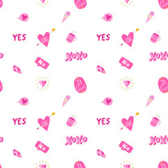 Cute girly seamless pattern with yes and xoxo text. Vector eps10.