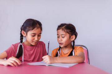 Asian girl who wears the pink T-shirt  teaches her young sister who wears the orange T-shirt to do homework.