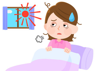 不眠症　眠れなくて困る女性07　起きる　イラスト