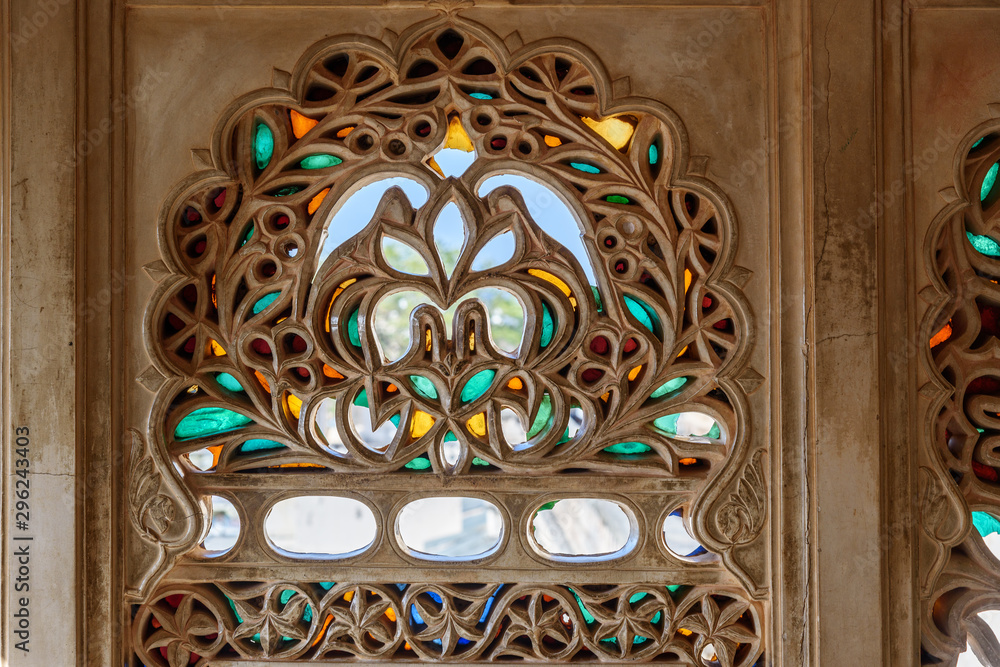 Wall mural decorative carving window of city palace in udaipur. india