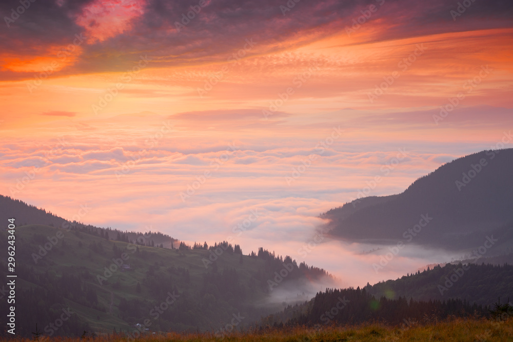 Wall mural mountain peaks above the clouds at sunset