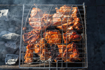 Close-up on the process of cooking shashlik of pork or beef meat clamped in a grill with a crispy...