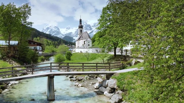 Scenic mountain scenery in the Alps with church of Ramsau, Bavaria, Germany
