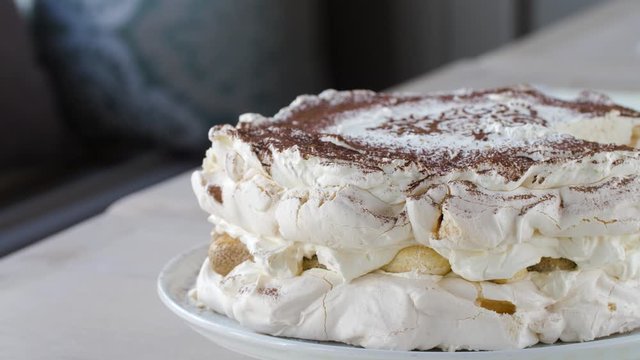 tiramisu meringue. Two layers of meringue with coffee flavour, layered with whipped cream, mascarpone cheese and ladyfingers dipped in coffee. Top is sprinkled with cocoa powder with gorgeous pattern