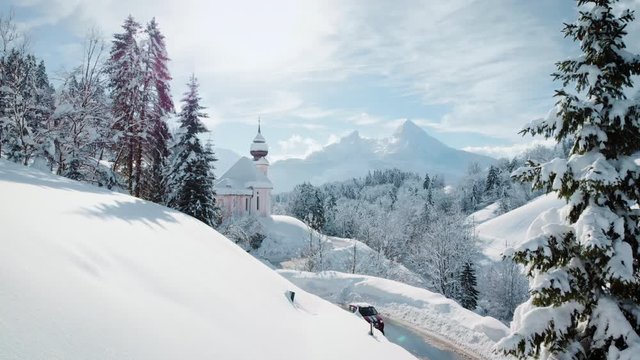 Winter wonderland in the Alps with church of Maria Gern, Bavaria, Germany