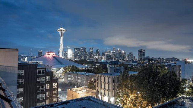 Seattle skyline time-lapse with dramatic sky, Washington, USA