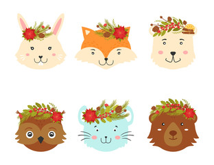 Animal faces with Christmas wreaths on the head. Cute Christmas animals for greeting cards, posters, invitations.