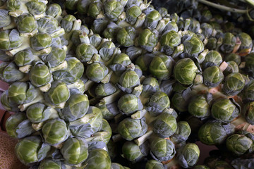 Organic, fresh Brussels sprouts. Ecologic natural vegetable background.