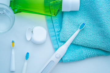Dental products for brush teeth, healthy teeth care and oral hygiene and fresh breath
