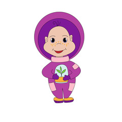 A little boy in a spaceman's suit holds a handful of earth with a green sprout in his hands.