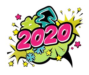 Happy new year greeting Festive Numbers Design in pop art style. Happy New Year Banner with 2020 numbers for greeting card, calendar. Vector illustration 