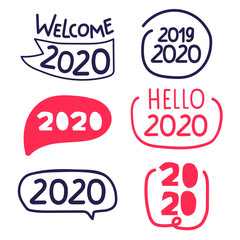 Set of badges. 2020 new year concept. Hand drawn vector illustration on white background.