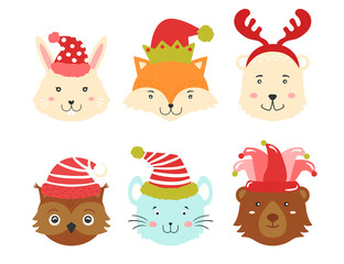 Animal faces with Christmas funny hats on the head. Cute Christmas animals for greeting cards, posters, invitations.