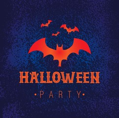 Halloween, hand drawn sign, logo. Vector illustration of bats on dark blue background. Design concept for party invitation, greeting card, poster.
