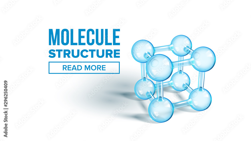 Poster scientific molecule structure landing page vector. extremely minute particle glass molecule for webs