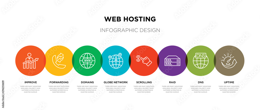 Poster 8 colorful web hosting outline icons set such as uptime, dns, raid, scrolling, globe network, domain