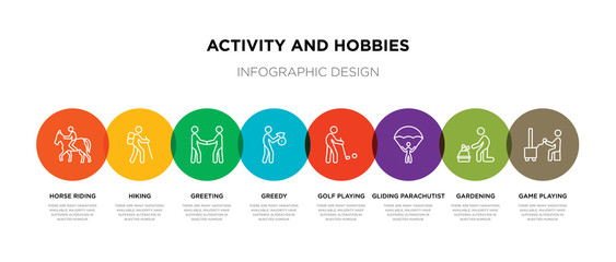 8 colorful activity and hobbies outline icons set such as game playing, gardening, gliding parachutist, golf playing, greedy, greeting, hiking, horse riding