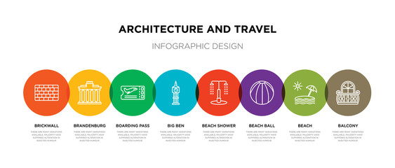 8 colorful architecture and travel outline icons set such as balcony, beach, beach ball, beach shower, big ben, boarding pass, brandenburg, brickwall