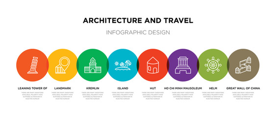 8 colorful architecture and travel outline icons set such as great wall of china, helm, ho chi minh mausoleum, hut, island, kremlin, landmark, leaning tower of pisa