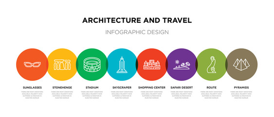 8 colorful architecture and travel outline icons set such as pyramids, route, safari desert, shopping center, skyscraper, stadium, stonehenge, sunglasses