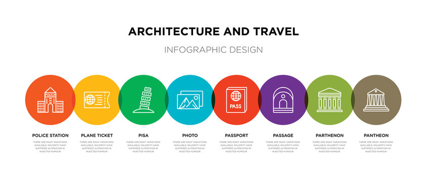 8 colorful architecture and travel outline icons set such as pantheon, parthenon, passage, passport, photo, pisa, plane ticket, police station