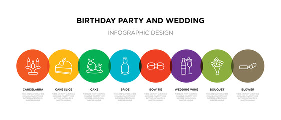 8 colorful birthday party and wedding outline icons set such as blower, bouquet, wedding wine, bow tie, bride, cake, cake slice, candelabra