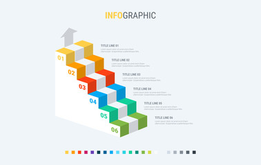 Infographic template. 6 stairs design with beautiful colors. Vector timeline elements for presentations.