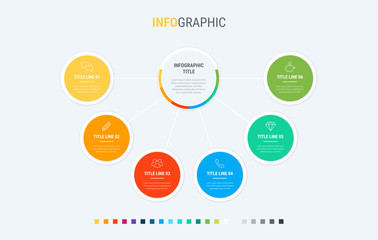 Timeline infographic design vector. 6 options, circle workflow layout. Vector infographic timeline template.