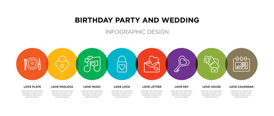 8 colorful birthday party and wedding outline icons set such as love calendar, love house, love key, letter, lock, music, padlock, plate