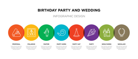 8 colorful birthday party and wedding outline icons set such as necklace, newlyweds, party, party hat, horn, pastor, polaroid, proposal