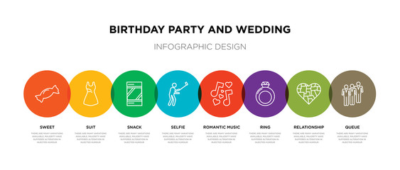 8 colorful birthday party and wedding outline icons set such as queue, relationship, ring, romantic music, selfie, snack, suit, sweet