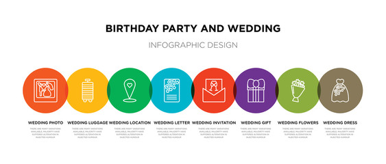 8 colorful birthday party and wedding outline icons set such as wedding dress, wedding flowers, gift, invitation, letter, location, luggage, photo