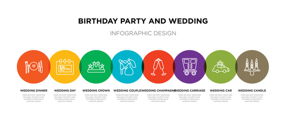 8 colorful birthday party and wedding outline icons set such as wedding candle, wedding car, carriage, champagne, couple, crown, day, dinner